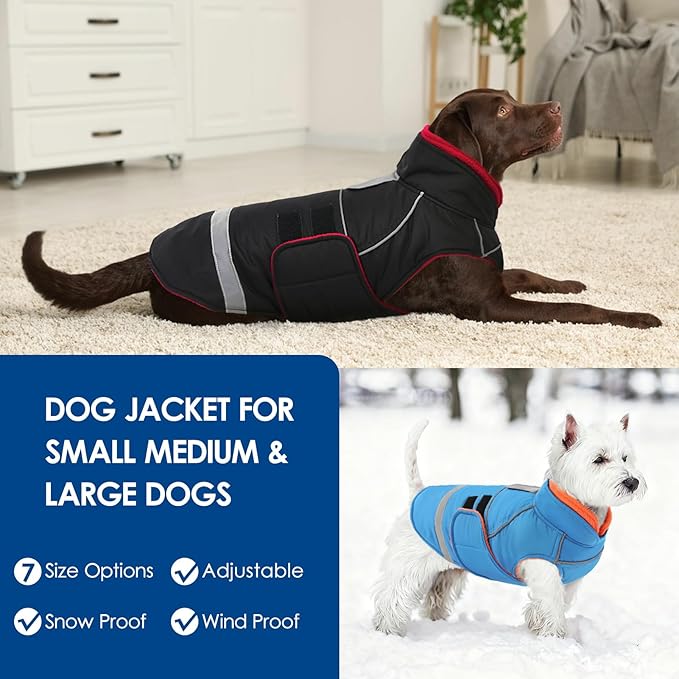 KOESON Dog Coat, Warm Dog Winter Coat with Fleece Lining, Windproof Cold Weather Coats for Labrador Retriever, German Shepherd, Reflective & Waterproof Pet Snow Jacket with Leash Hole, Black XL