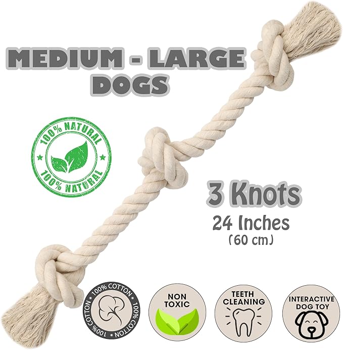 Barida Natural White Cotton Tough Dog Rope Toy. Non Toxic and Premium Rope Dog Tug Toy for Medium & Large Dogs.