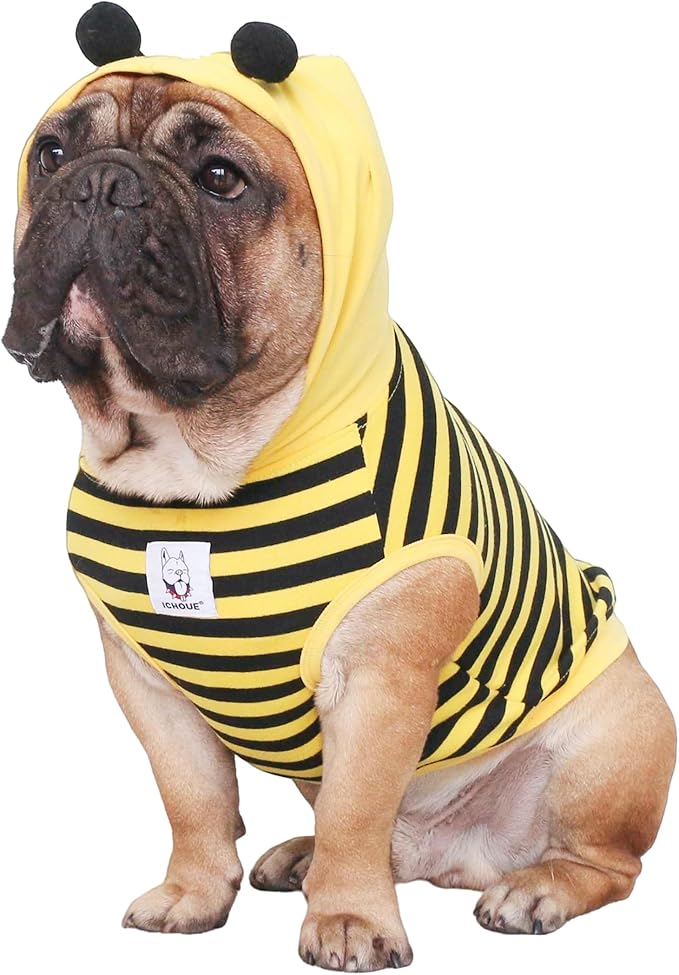 iChoue French Bulldog Bee Honeybee Bumblebee Caterpillar Insect Halloween Costumes Hoodies Sleeveless Clothes Outfits Cosplay Shirts for Dogs Frenchie Pug Boston - Black Yellow, Medium