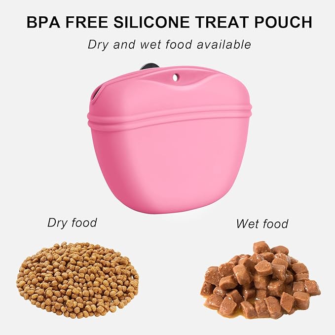 Left&Right Dog Clicker Training Kit,Silicone Dog Training Treat Pouch and Dog Clickers,Dog Treat Bag with Clicker Training for Dogs,Pet Treat Bag with Magnetic Buckle Closing and Waist Clip,Pink