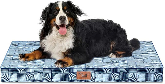 Outdoor Extra Large Dog Crate Bed, Big Waterproof Dog Bed for Large Dogs, Orthopedic Egg Foam XXL Pet Mat with Removable Cooling Cover, White Blue