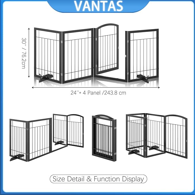Vantas Folding Pet Gate 96" Wide, 30" Tall No-Assembly Metal Dog Gate, Freestanding Wire Pet Gate, Pet Puppy Safety Fence, Extra Wide with 2PCS Support - Black