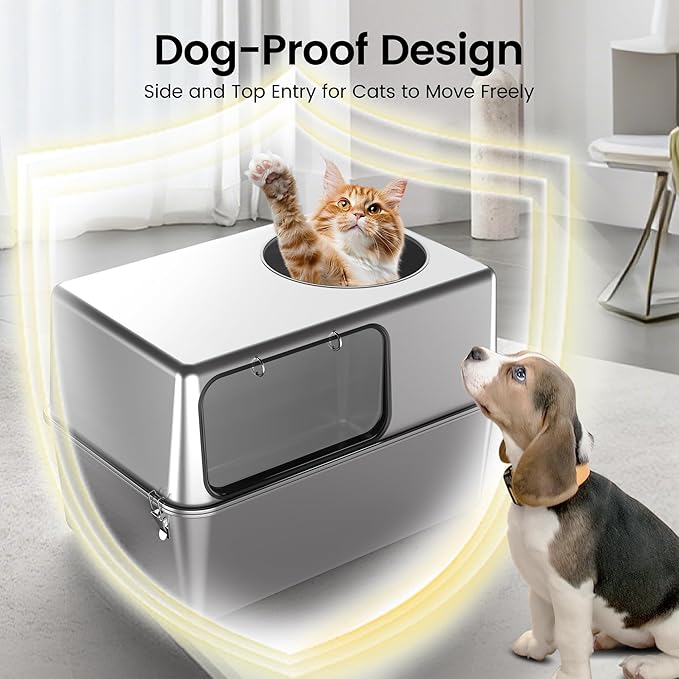 Stainless Steel Litter Box with Lid – Dog Proof, XL Enclosed Metal, High Side, Odor Control, for Big Cats & Multi-Cat Household, Black, Dubble Entry (Top and Side)