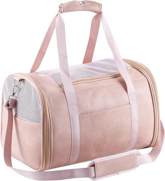Fashion Leather Dog Carrier Cat Carrier Airline Approved Pet Carrier for Small Medium Dogs Cats Under 15Lbs, Collapsible Soft Sided Travel Puppy Carrier Pink