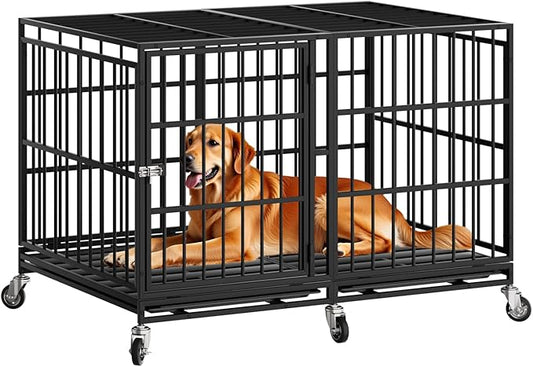 48 Inch Heavy Duty Dog Crate with Wheels，Indestructible Escape-Proof Dog Cage for Large Dogs, Extra Large XL XXL Indestructible Dog Crate with Removable Tray.