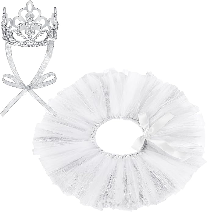 2 Pcs Dog Crown Headband Dog Tutu Dress Set Crystal Rhinestone Tiara Crown Tutu Skirt Pet Dress Costume for Puppy Birthday Party Wedding Photo Prop Costume(Medium,White)