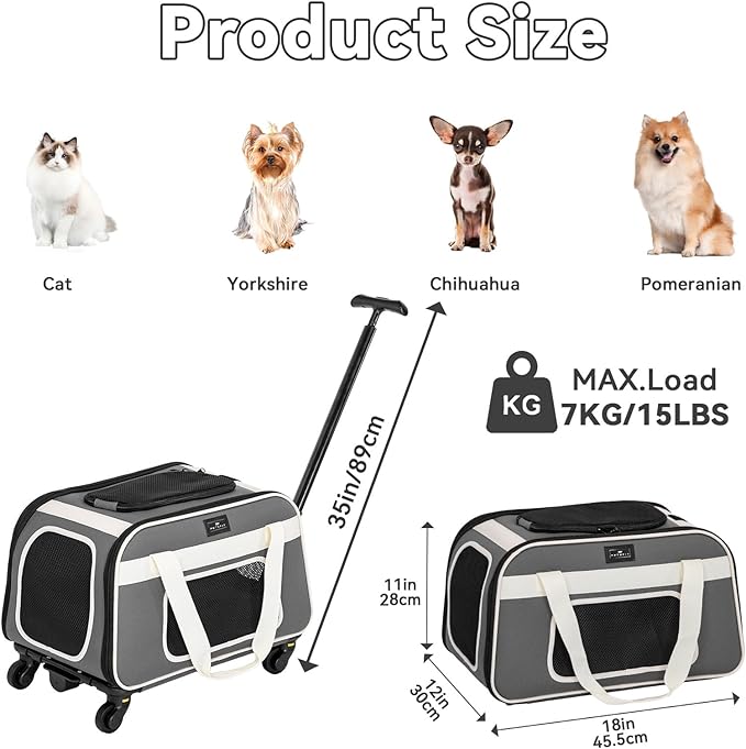 PETSFIT Airline Approved Cat Carrier with Wheels Designed for Small Dogs/Cats with Adjustable Safety Rope & Removable Wheels