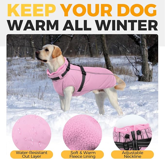 Lelepet Dog Coat for Large Dogs Waterproof Dog Jacket with Harness Built in Reflective Fleece Jacket with Zip Windproof Cold Weather Coats for Dogs Cozy Thermal Pet Snowsuit, Weimaraner, Pink, XXL