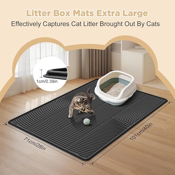 AMOK Cat Litter Mat, Extra Large Silicone Litter Box Mat 40" x 28", Waterproof Litter Trapping Mat for Cats, Durable and Easy to Clean, Black