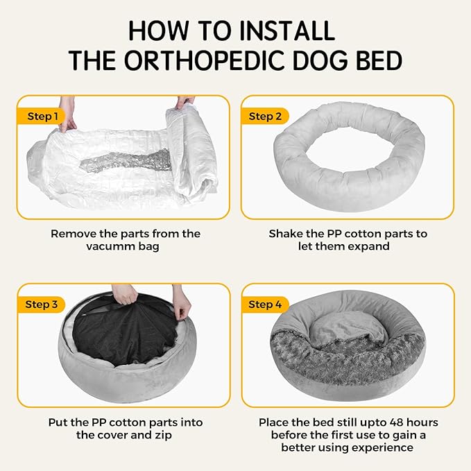 Cave Dog Bed with Blanket Donut Round Plush Cozy Cat Pet Bed for Puppy Machine Washable Removable Cover Cat Toy Anti-Slip Bottom Gray 26X26X8 inch