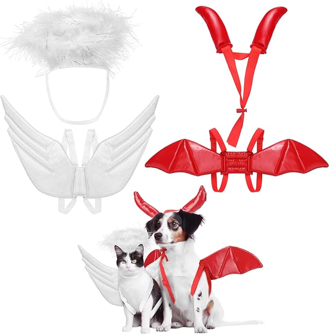 Pet Halloween Costume Angel Dog Costume Wings and Dog Devil Cat Angel Devil Cosplay Outfit Fits Many Pets for Christmas, Halloween Parties, Gifts for Dog & Cat Lovers(White, Red)