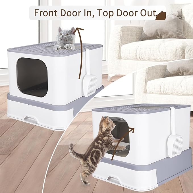 RIZZARI Stainless Steel Cat Box: Enclosed Design with High Walls - Light Gray - Large Anti Leakage Litter Pan for Odor Control for Living Room Garage
