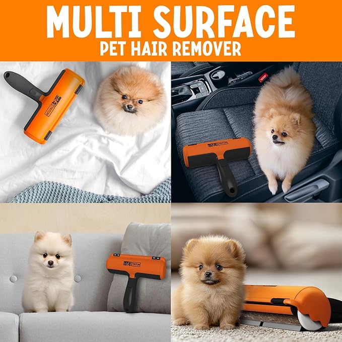 Triton Pet Hair Remover w/Fur Trapping Compartment - Easy to Use Pet Hair Removal Tool - Detachable Handle Cat & Dog Hair Remover for Car, Furniture, Clothes, Couch - Reusable Lint Roller (Orange)
