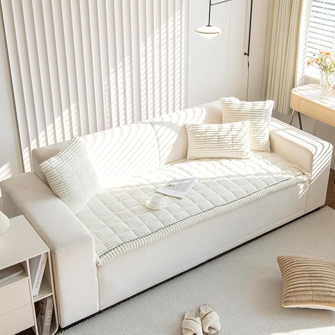 Faux Fur Plush Dog Couch Cover 3D Stripe Fuzzy Sofa Cover Non-Slip Fluffy Dog Bed Cover Pet Blanket Sofa Couch Furniture Protector for Puppy Large Dog Cat (Cream,24"x35")