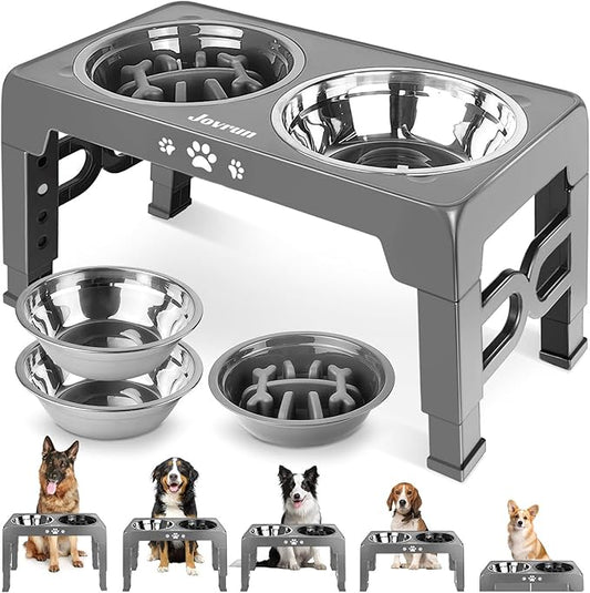 Elevated Dog Bowls, Dog Feeder with 2 Stainless Steel Dishes &1 Slow Feeder Bowl, 5 Heights Adjustable Raised Stand for Medium Large, Food Dishes with Non-Slip Feet