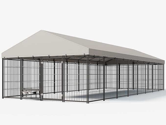 10X19FT Large Dog Kennel Outside with Feeding, Heavy Duty Outdoor Dog Run Cage with Cover & Lock, Outdoor Pet Enclosure Fence for Yard with Roof