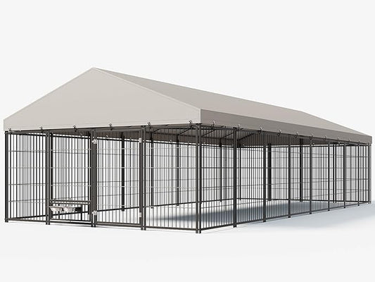 10X19FT Large Dog Kennel Outside with Feeding, Heavy Duty Outdoor Dog Run Cage with Cover & Lock, Outdoor Pet Enclosure Fence for Yard with Roof