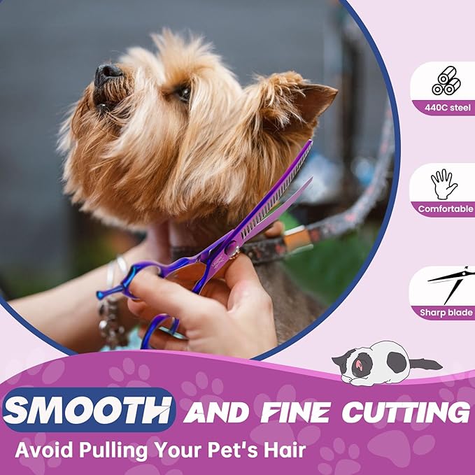 JASON 7" Curved Chunker Dog Scissors - Ergonomic Pet Scissors Purple Curved Dog Shears 440C Stainless Steel Grooming Shears Professional Pet Shears for Groomer (28-Teeth, Down-Curved)