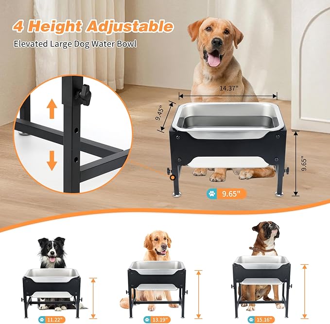 3 Gallons Elevated Large Dog Water Bowl, 4 Height Adjustable Stainless Steel Raised Dog Bowls with Stand, Indoor Outdoor Pet Water Bowl Relief Joint Pressure Pet Dishes for Dogs Easy Clean
