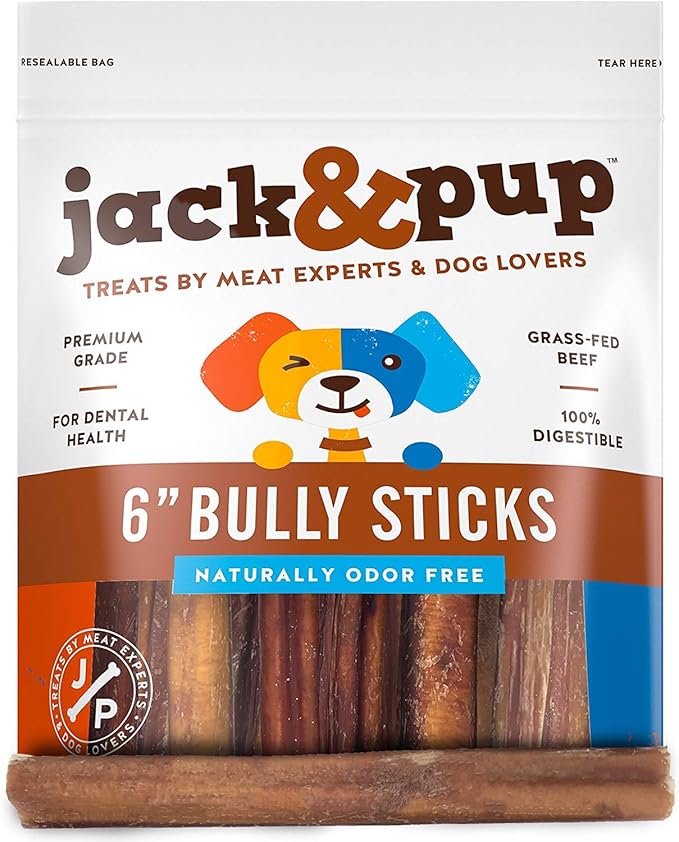 Jack&Pup 6-inch Thick Bully Sticks for Dogs (24 Pack) Single Ingredient, Thick Bully Sticks | Long Lasting Pizzle Sticks for Medium and Small Dogs