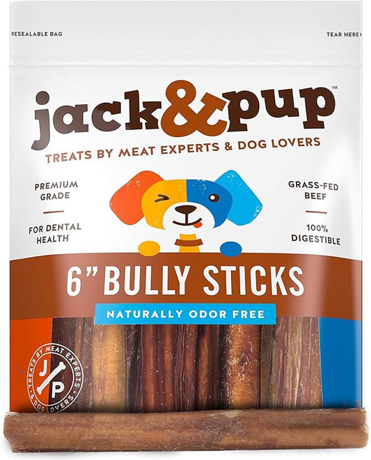 Jack&Pup 6-inch Thick Bully Sticks for Dogs (24 Pack) Single Ingredient, Thick Bully Sticks | Long Lasting Pizzle Sticks for Medium and Small Dogs