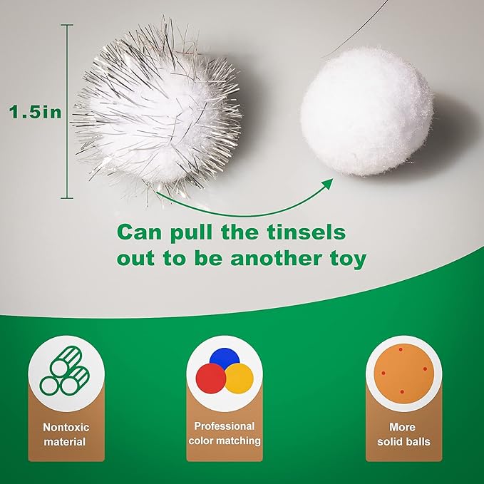 VAPKER 30 Piece 1.5" White Color Sparkle Balls Cat's Favorite Toy Tinsel Pom Poms Glitter