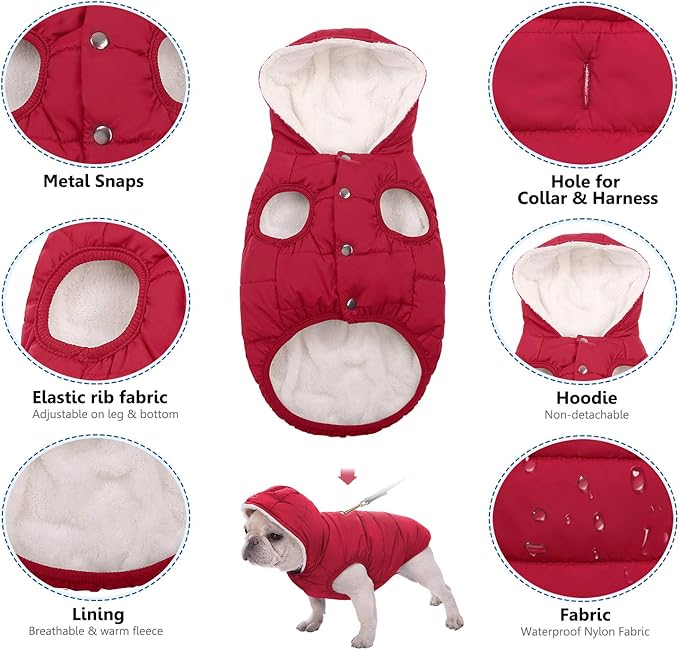 Fleece Hoodie, Windproof Waterproof Coat, Winter Warm Jacket, Cold Weather Pet Apparel Clothes Vest for Small Medium Large Dogs (3XL, Red)
