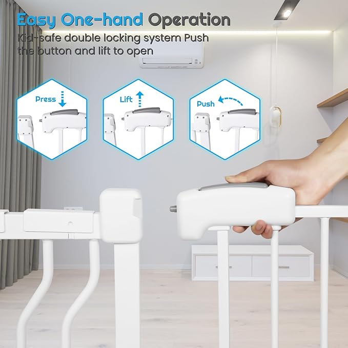 Extra Wide Baby Gate for Stairs Doorways with Door, 30" Tall 75.8-85" Wide Easy Install Dog Gate Indoor, Safety Metal Pressure Mounted Pet Gate with Walk-Thru Auto Close for The House, White