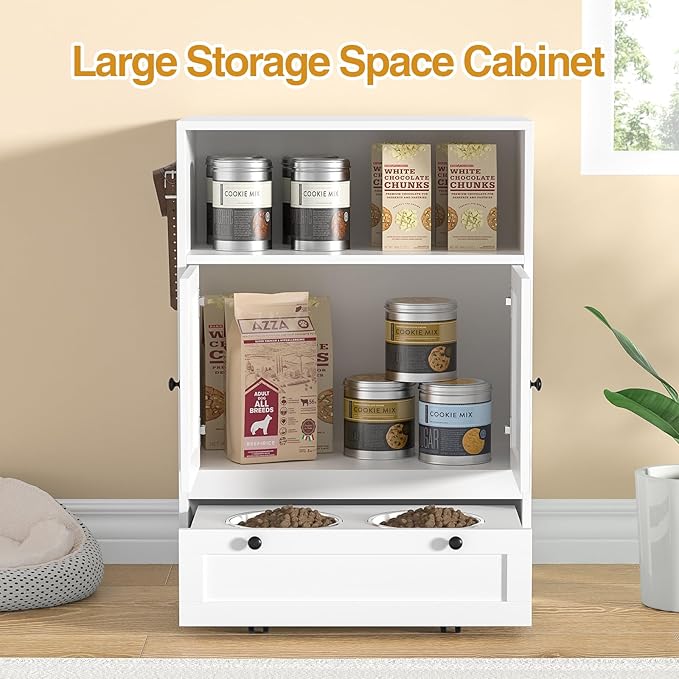 Giluta 32" High Dog Feeding Station with 2 Elevated Bowls, Pet Organizers and Storage Cabinet with 3 Hangers, Pet Feeder Station, Hidden Pet Storage Cabinet for Cats and Dogs