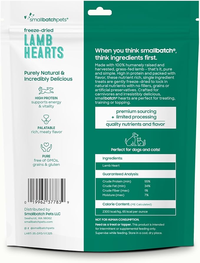 smallbatch Pets Premium Freeze-Dried Lamb Heart Treats for Dogs and Cats, 3.5 oz, Made and Sourced in The USA, Single Ingredient, Humanely Raise Meat, No Preservatives or Anything Artificial Ever