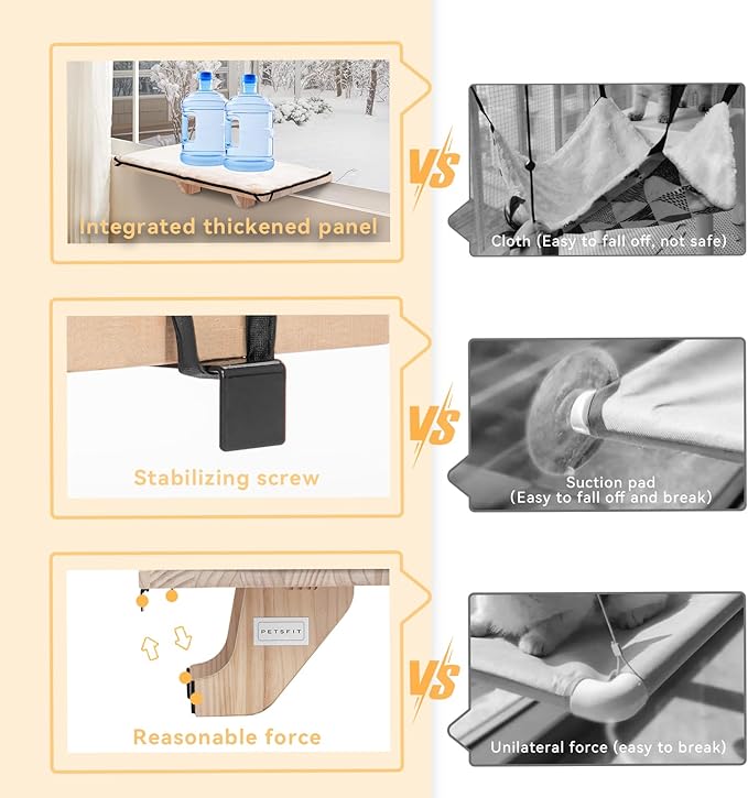 PETSFIT 2 Cats Design Window Perch, Cat Hammock Window Seat with Natural Wood &Removable Fleece Mat for Large Cats, Easy to Adjust&Assemble Cat Bed for Windowsill, Bedside and Drawer