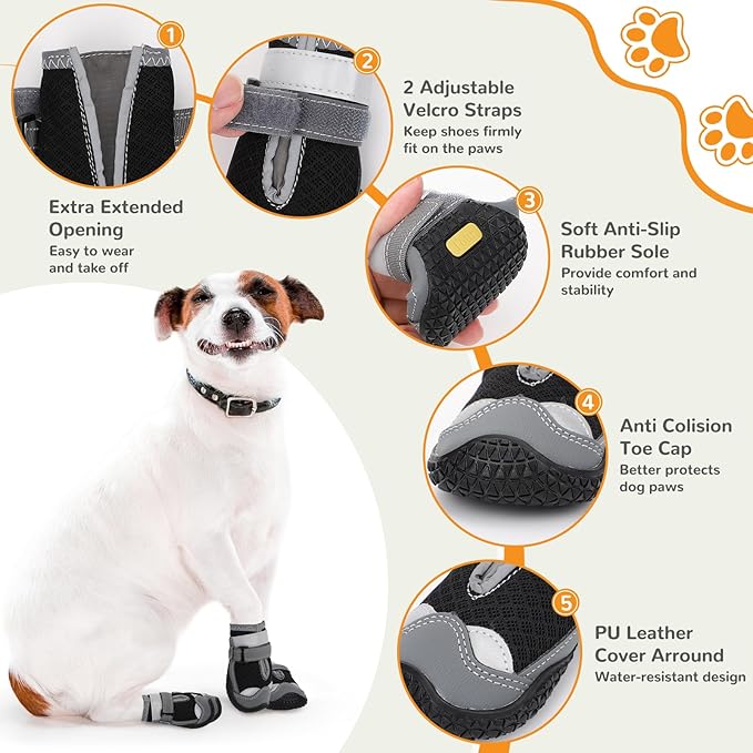 Dog Shoes for Hot Pavement,Dog Boots & Paw Protectors for Large Medium Size Dogs to Prevent Licking,Dog Booties with Reflective for Outdoor,Hiking,Hardwood Floors,Winter Snow(Black Grey,Size7)