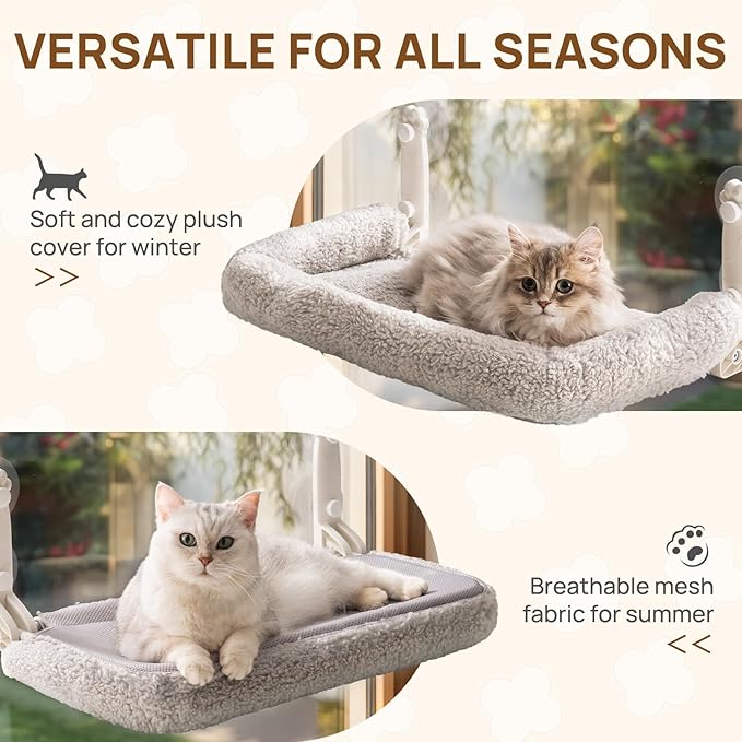 Mewoo 2PC Cat Window Perch, Cordless Window Hammock with Steel Frame and Removable Soft Cover, Embeded Cat Seat with 4 Strong Suction Cups (Grey Cushion Bed, 2 Pack)