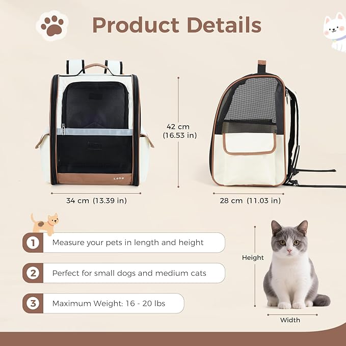 Lekereise Cat Backpack Carrier, Pet Carrier Backpack for Small Dogs Medium Cats Fit Up to 18 Lbs, Dogs Foldable Backpack Carrier for Travel, Hiking, Beige