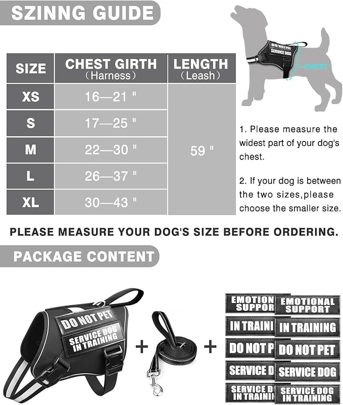 Service Dog Vest Harness and Leash Set+10 Patches for Puppy Small Dogs,Do Not Pet Emotional Support Dog Vest with 2 Soft Padded Handle for Everyday/Training (Black XS)