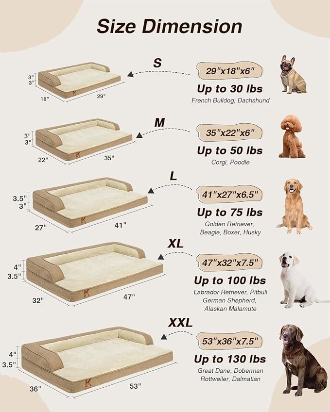 KSIIA Washable Dog Bed Medium Size Dog U-Shaped Bolster Pet Couch with Removable Waterproof Cover, Non-Slip Bottom and Egg-Crate Orthopedic Foam Pet Bed, 35 x 22 Inch, Brown