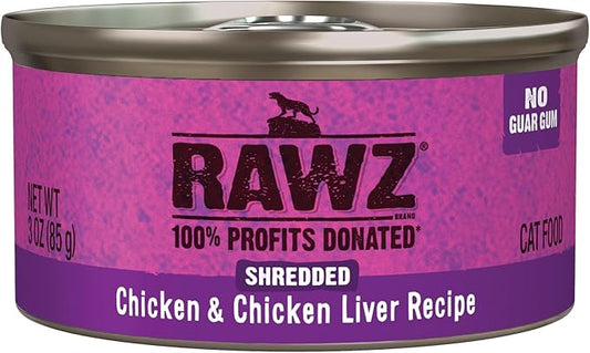 Rawz Natural Premium Shredded Canned Cat Wet Food - Grain Free Made with Real Meat Ingredients No BPA or Gums - 3oz Cans - 18 Count (Chicken & Chicken Liver)
