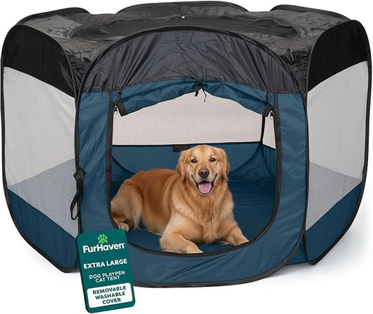 FurHaven Portable Pet Playpen for Dogs & Cats, Extra Large Indoor Kitten Playpen with Mesh Sides, Foldable Dog Playpen for Small Dogs, Pop Up Travel Dog Pen, X-Large, Sailor Blue