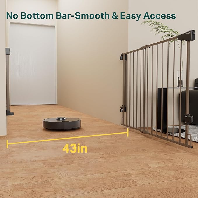 Cumbor 29.2–43" Baby Gate for Stairs, Wall-Mounted (Drill Required), Expandable No Bottom Bar Dog Gate, Auto Close Extra Wide Walk Thru, Pet & Toddler Proof Gate, Top & Bottom of Stairways (Brown)