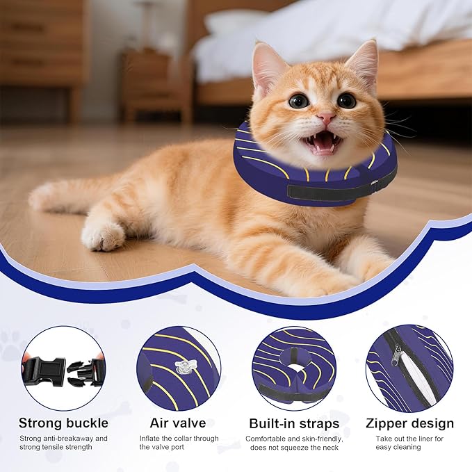 Adjustable Inflatable Dog Cone Collar for Surgery Recovery, Soft Cone for Dogs & Cats, Portable & Washable Dog Donut Collar, Small Cat Cone E Collar (Indigo XS)