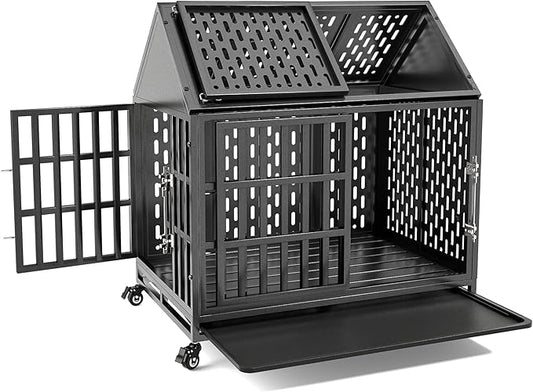 38 Inch Heavy Duty Dog Crate with Self-Locking Latch for High Anxiety Dogs, Indestructible Large Kennel Indoor with Pointed Roof, Removable Trays and Lockable Wheels, Chew Proof Cage