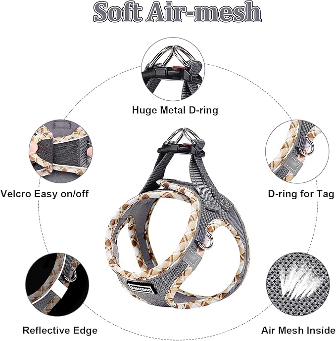 Mercano Soft Mesh Dog Harness and Leash Set, No-Chock Step-in Reflective Breathable Lightweight Easy Walk Vest Harnesses with Safety Buckle for Small Dogs, Cats (Grey, M)