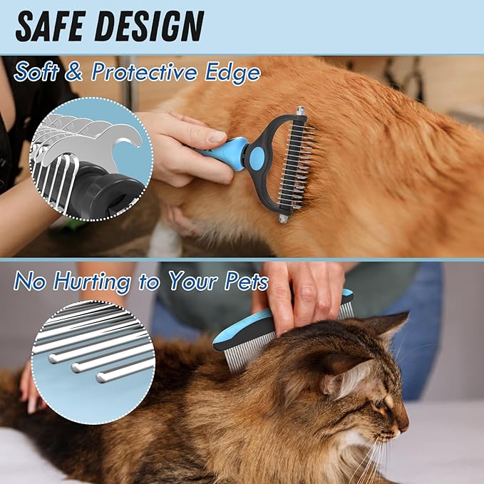 Pet Grooming Combo - Blue Deshedding Brush with Metal Comb for Detangling and Dematting Long, Matted Fur on Cats and Dogs