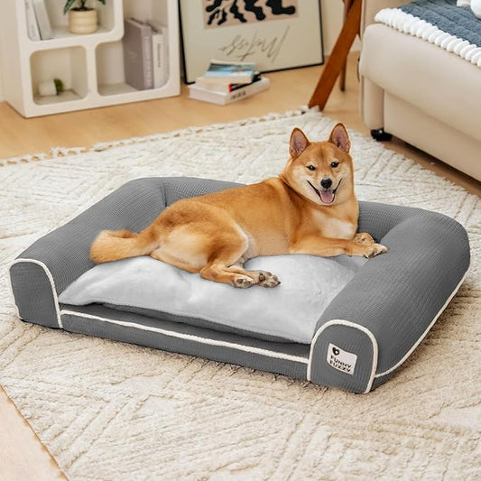FUNNY FUZZY Orthopedic Dog Bed – Washable Dog Bed with Double Layer Plush Cushion Sofa Style Design with Bolstered Sides for Small Medium & Large Dogs Removable Cover L Size (31.5"x24.4"x7.1") Grey