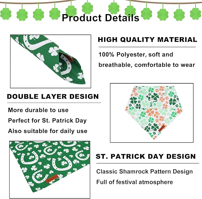 ADOGGYGO St. Patrick's Day Dog Bandana, Green Shamrock Scarf, Multi Size Offered, Saint Patrick Day Bandanas for Small Dogs (Small)