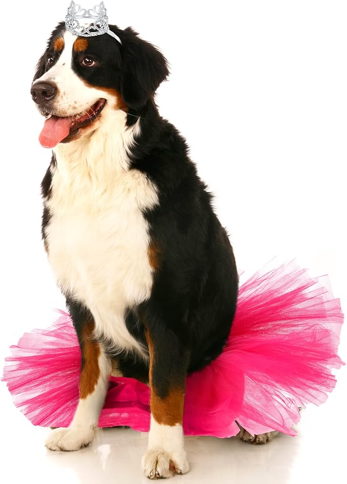 2 Pcs Dog Crown Headband Dog Tutu Dress Set Crystal Rhinestone Tiara Crown Tutu Skirt Pet Dress Costume for Puppy Birthday Party Wedding Photo Prop Costume(X-Large,Rose Red)