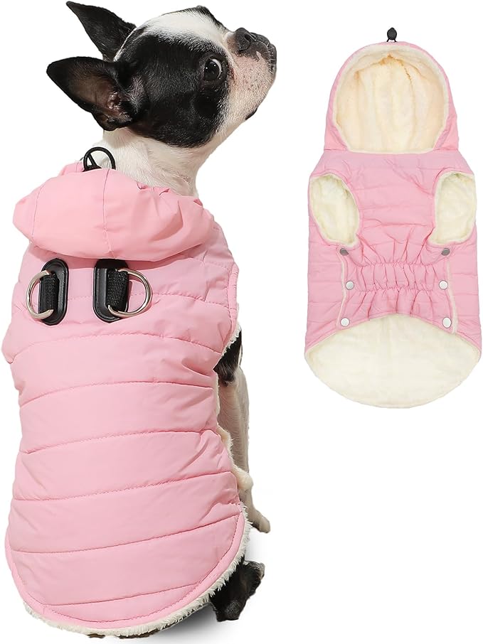 Fleece Lining Dog Hoodie with Harness Built in,Extra Warm Large Dog Jacket in Winter Doggie Coats with Drawstring Hooded,Light Pink XXL
