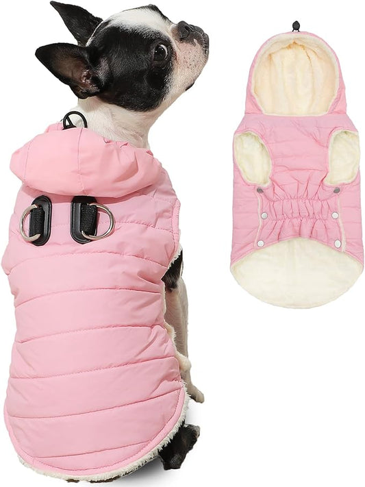 Fleece Lining Dog Hoodie with Harness Built in,Extra Warm Small Dog Jacket in Winter Puppy Coats with Drawstring Hooded,Light Pink M