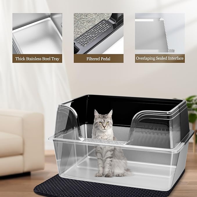 Vealind XXL Stainless Steel Cat Litter Box High Sided with Lid 23.7" L x 16" W x 14" H Side Entry Extra Large Metal Cat Litter Pan with Scoop and Mat for Big Cats Black