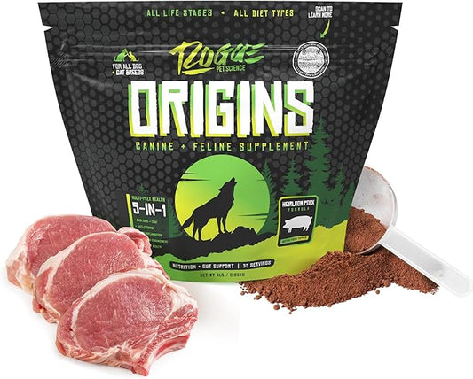 ROGUE PET SCIENCE Origins 5-in-1 Dog Supplement - Powdered Food Topper w/Natural Heirloom Pork Protein- Supports Healthy Digestion, Skin, and Coat - Helps Reduce Itching & Joint Inflammation (2 lbs)